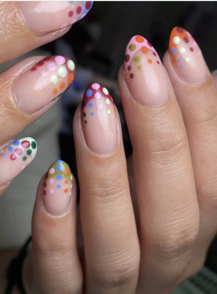 Medium Almond Multi-Colored Dot French Pattern Medium Almond Multi-Colored Dot French Pattern — Simple French Tip Nails