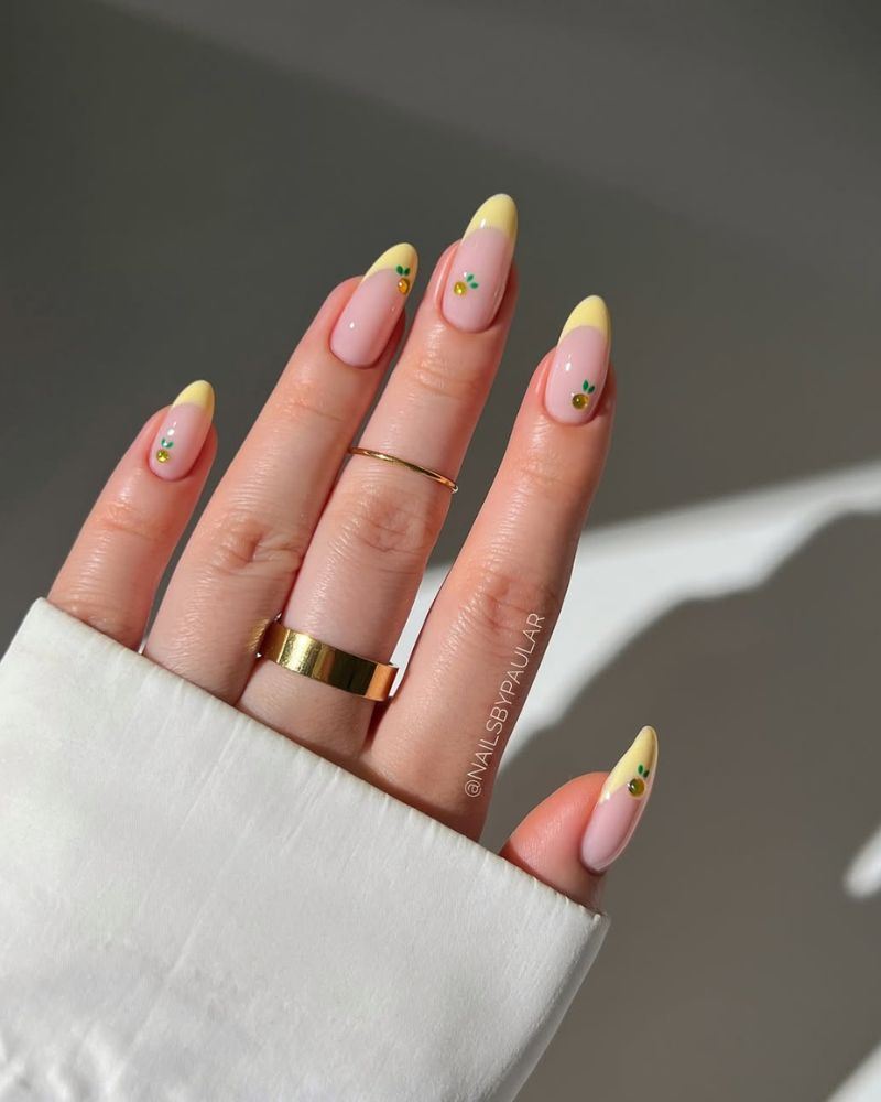 Medium Almond Yellow Fruit French Tips Medium Almond Yellow Fruit French Tips — Simple French Tip Nails