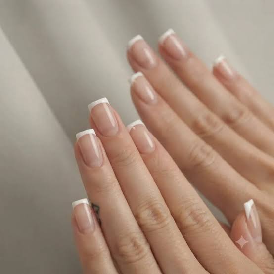 Short Square Nude Base White French Tips With нюдовая база Short Square Nude Base White French Tips With нюдовая база — Simple French Tip Nails