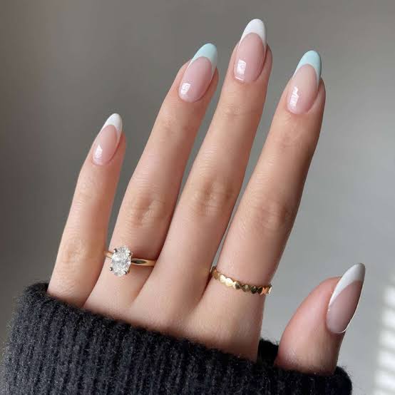 Medium Almond Sky Blue French Tips Medium Almond Sky Blue French Tips — Simple French Tip Nails