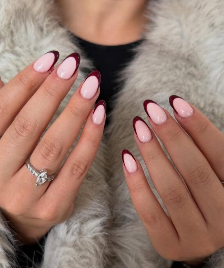 Medium Almond Deep Burgundy French Tips Medium Almond Deep Burgundy French Tips — Simple French Tip Nails