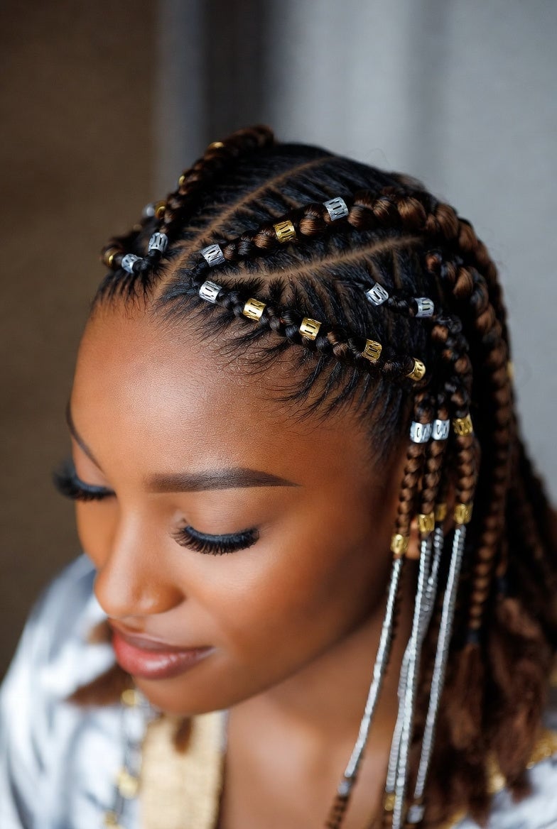 Shoulder-Length Fulani Braids With Metallic Beads, Wavy — Simple Fulani Braids Hairstyles