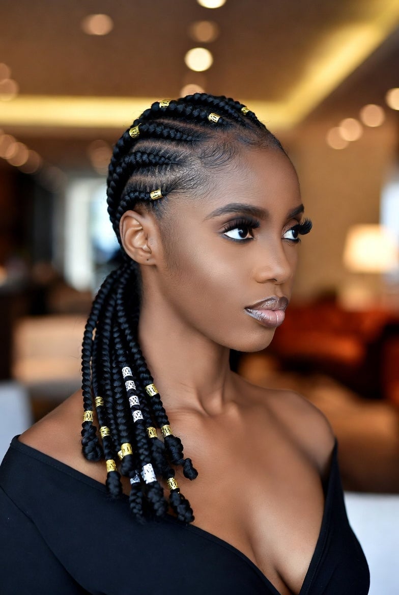 Neatly Sectioned Black Fulani Braids With Gold Beads — Simple Fulani Braids Natural Hair