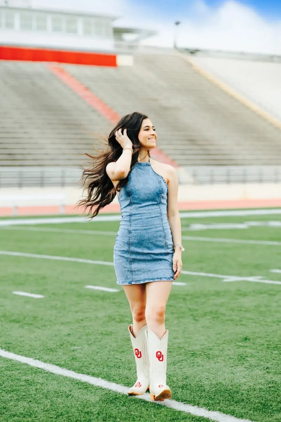 Denim Halter Dress with Cowboy Boots for Game Day Denim Halter Dress with Cowboy Boots for Game Day — Simple Game Day Outfits