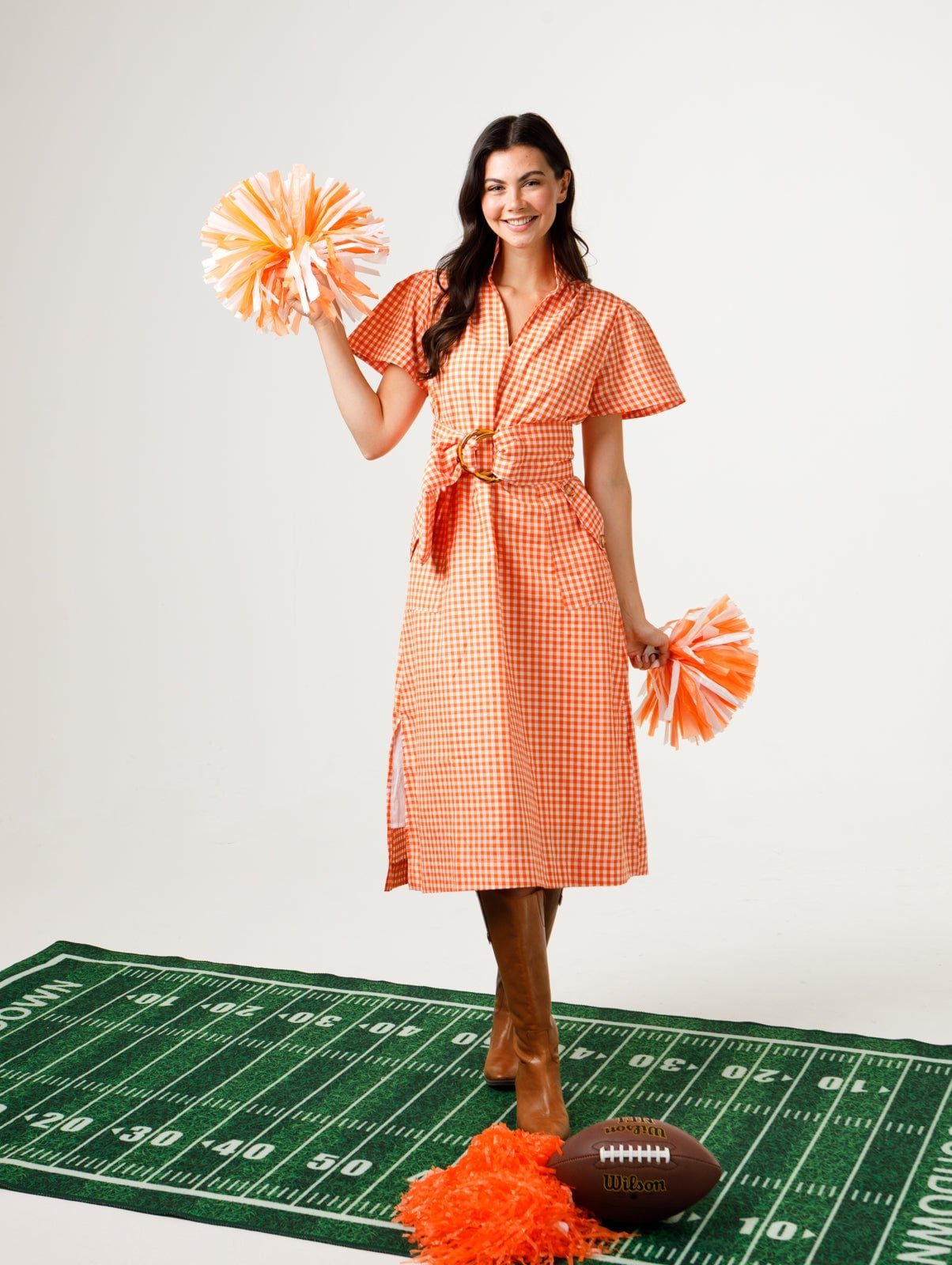 Gingham Collared Dress with Belt and Tall Boots for Game Day Gingham Collared Dress with Belt and Tall Boots for Game Day — Simple Game Day Outfits