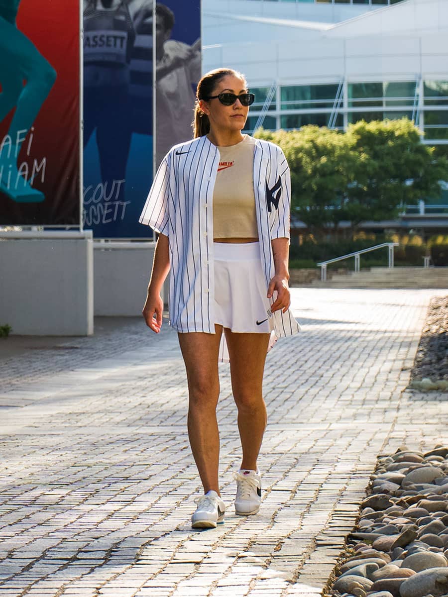 Pinstripe Jersey Over Crop Top with Mini Skirt Pinstripe Jersey Over Crop Top with Mini Skirt — Simple Game Day Outfits