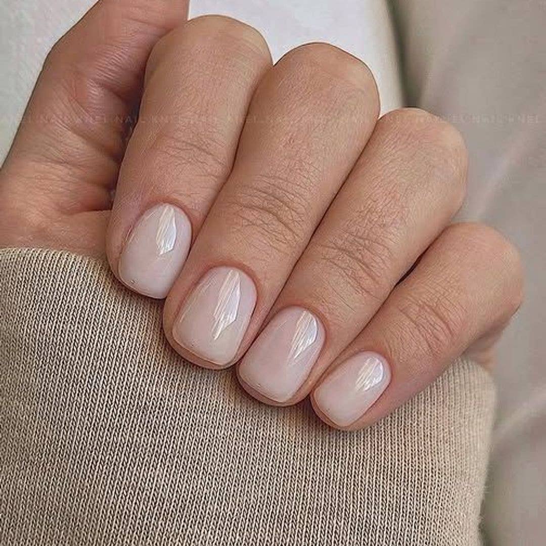 Milky Pink Oval Nails With White Dots Milky Pink Oval Nails With White Dots — Simple Gel Nails Colors