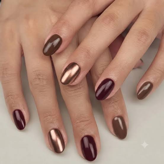 Plum Chocolate Brown Rose Gold Chrome Plum Chocolate Brown Rose Gold Chrome — Simple Gel Nails Colors