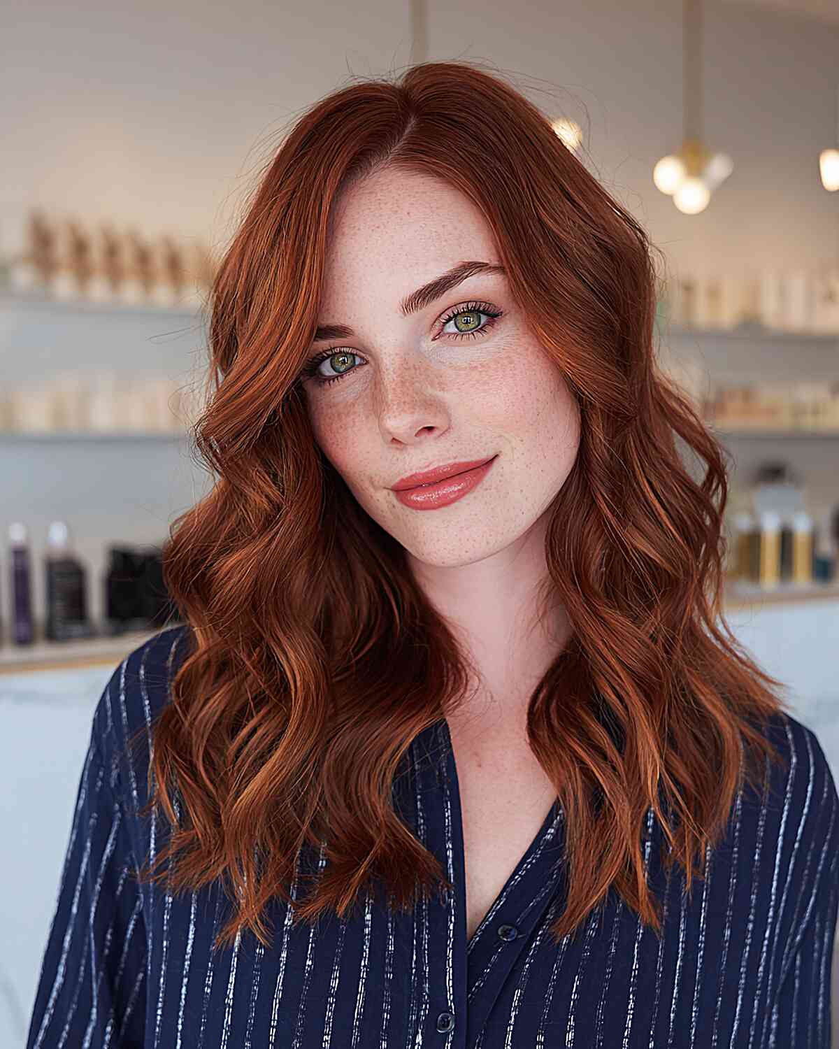 Collarbone Ginger With Lighter Highlights Side Part — Simple Ginger Highlights