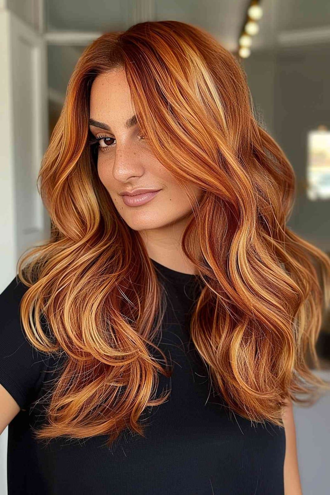 Mid-Back Ginger With Blonde Highlights And Waves — Simple Ginger Highlights
