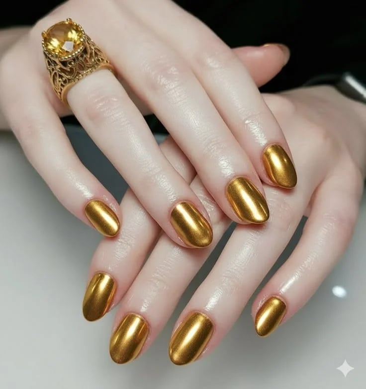 Intense Gold Chrome Medium Oval Nails Intense Gold Chrome Medium Oval Nails — Simple Gold Chrome Nails