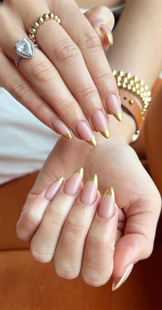 Gold Chrome Tips on Nude Pink Medium Stiletto Nails Gold Chrome Tips on Nude Pink Medium Stiletto Nails — Simple Gold Chrome Nails