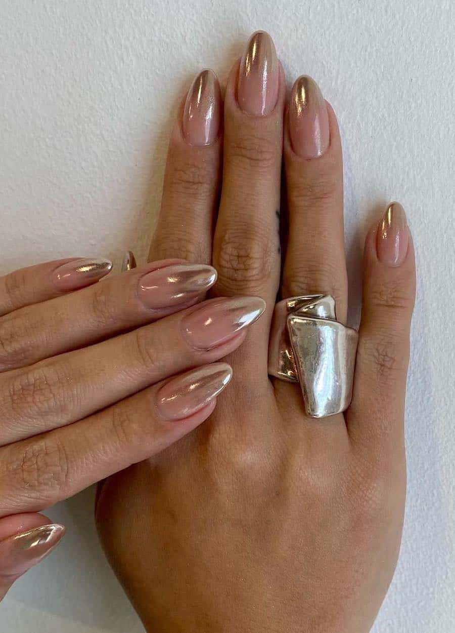 Nude Base Gold Chrome Medium Almond Nails Nude Base Gold Chrome Medium Almond Nails — Simple Gold Chrome Nails