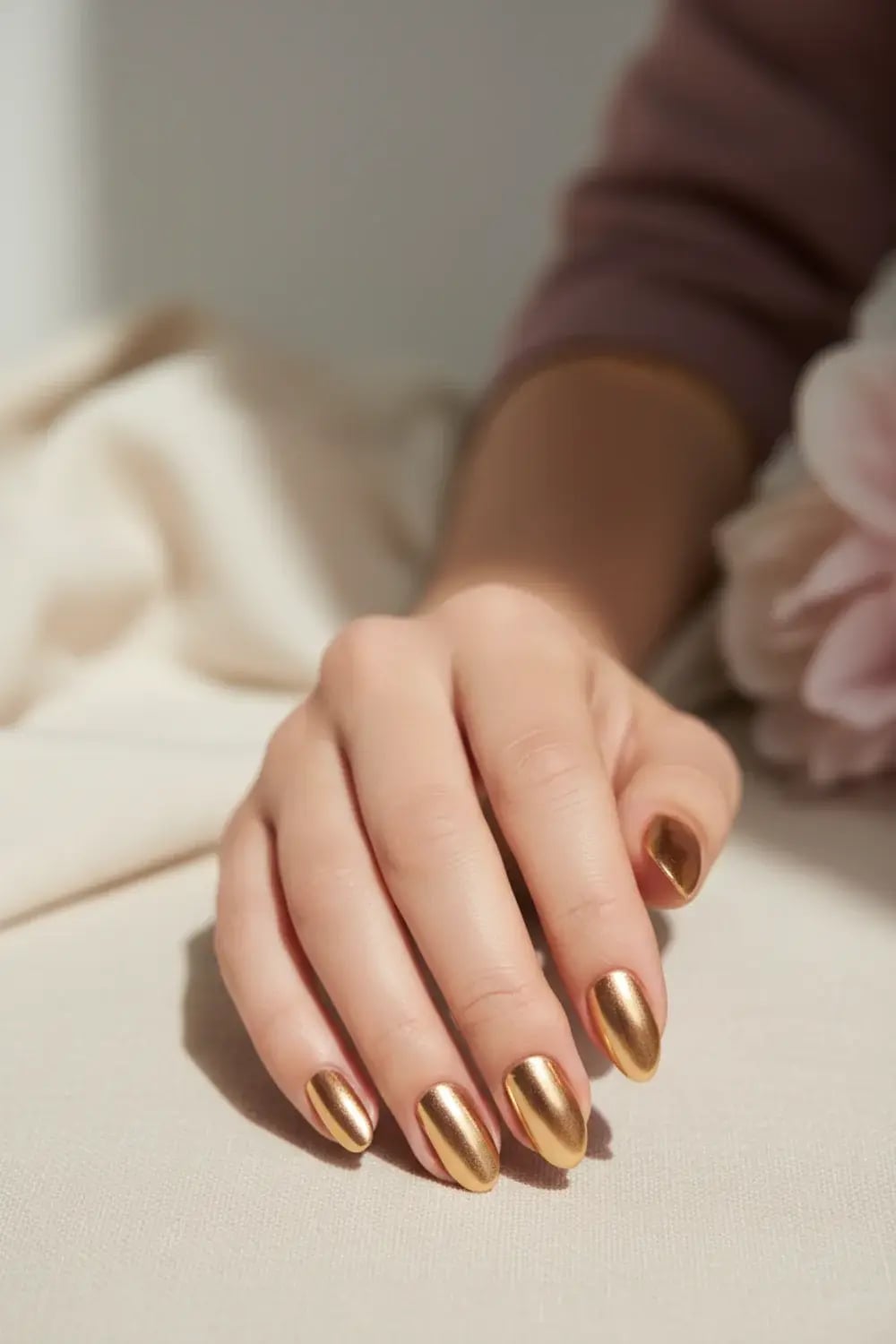 Mirror-Like Gold Chrome Medium Oval Nails Mirror-Like Gold Chrome Medium Oval Nails — Simple Gold Chrome Nails