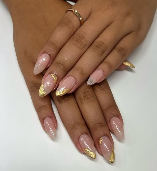Medium Almond Irregular Gold Foil Tips, Glossy Medium Almond Irregular Gold Foil Tips, Glossy — Simple Gold French Tip Nails