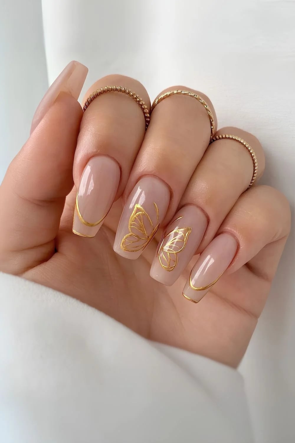 Long Square Gold Butterfly Decal Tips Long Square Gold Butterfly Decal Tips — Simple Gold French Tip Nails