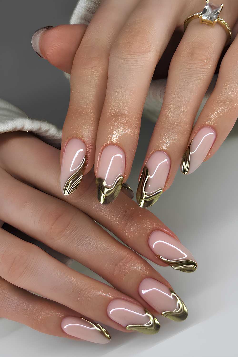 Medium Almond Abstract Gold Foil Tips Medium Almond Abstract Gold Foil Tips — Simple Gold French Tip Nails