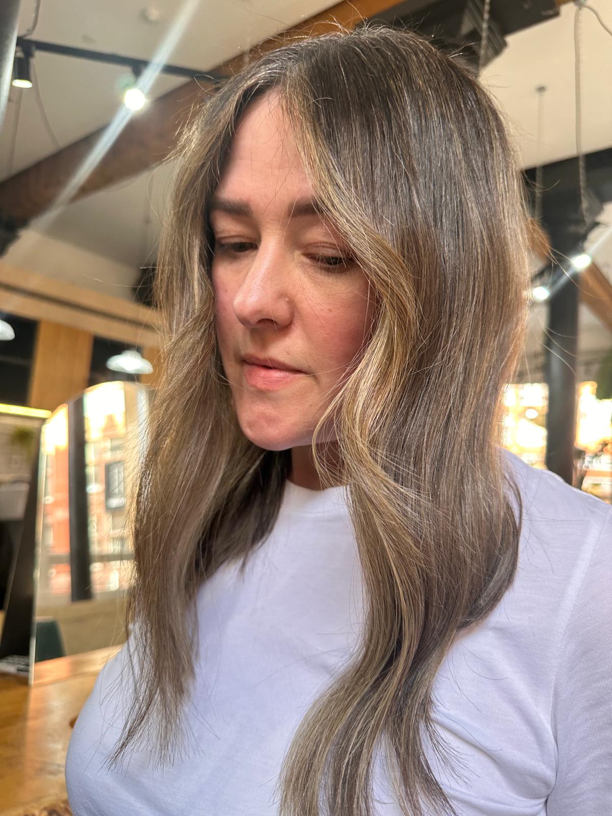 Shoulder Length Lob With Ash Blonde Highlights — Simple Gray Blending