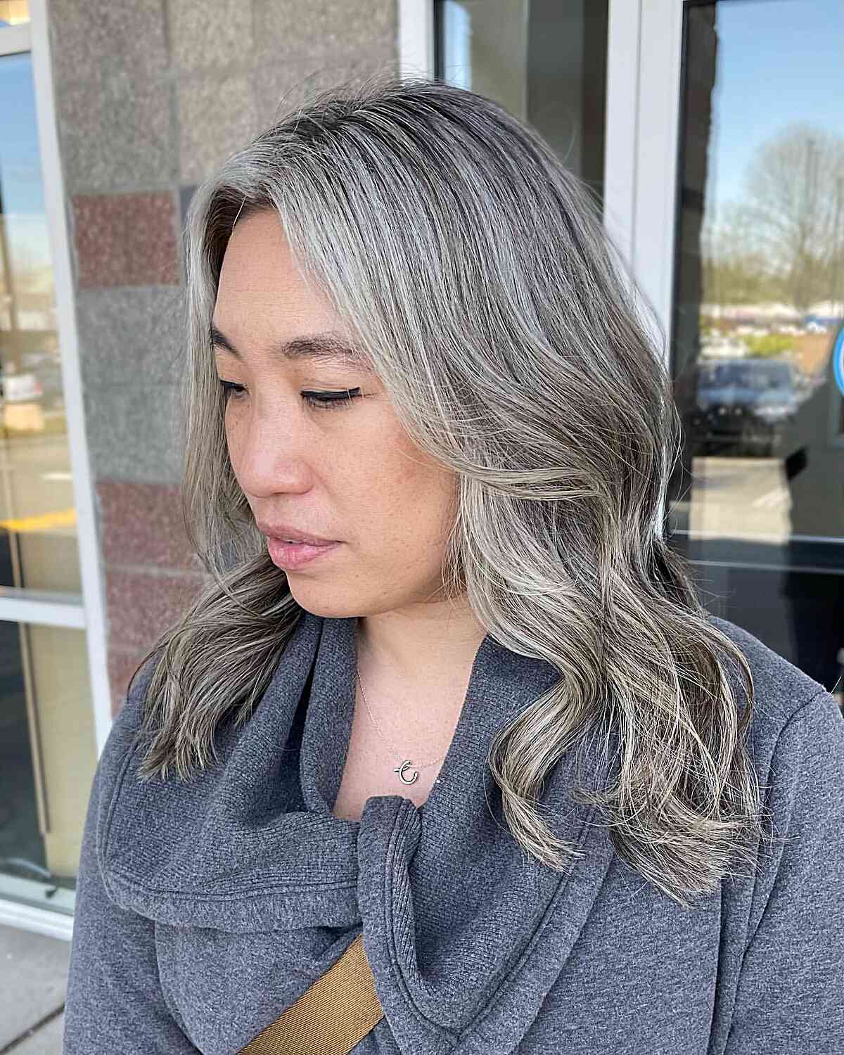 Mid-Back Hair With Gray Ash Blonde Balayage — Simple Gray Blending