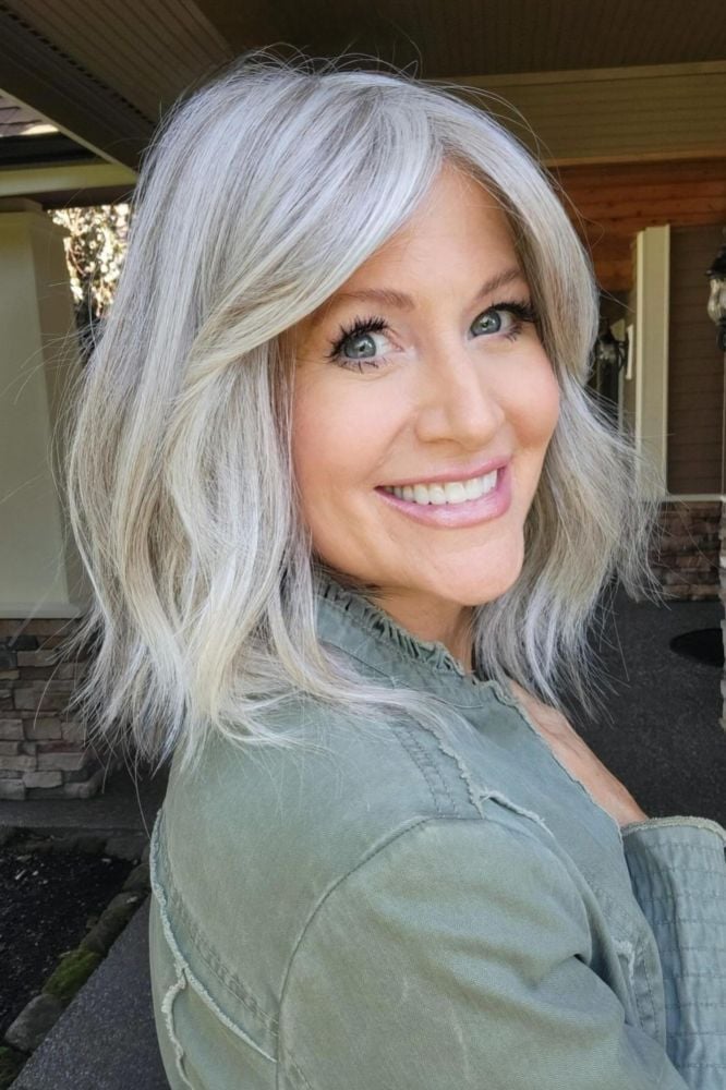 Silver Grey Bob With Wavy Curtain Bangs Silver Grey Bob With Wavy Curtain Bangs — Simple Gray Hair
