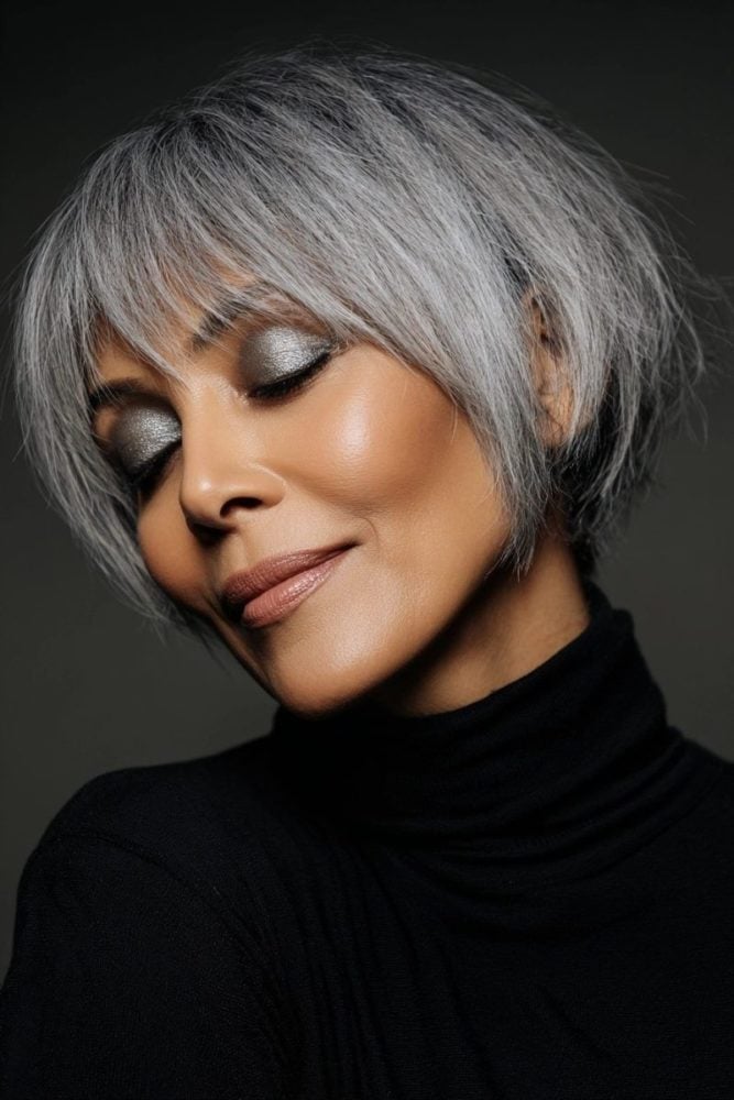 Short Pixie With Straight Bangs Short Pixie With Straight Bangs — Simple Gray Hair
