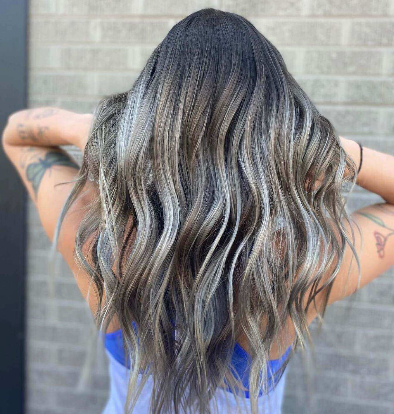 Mid-Back Wavy Hair With Ash Gray Highlights — Simple Gray Highlights