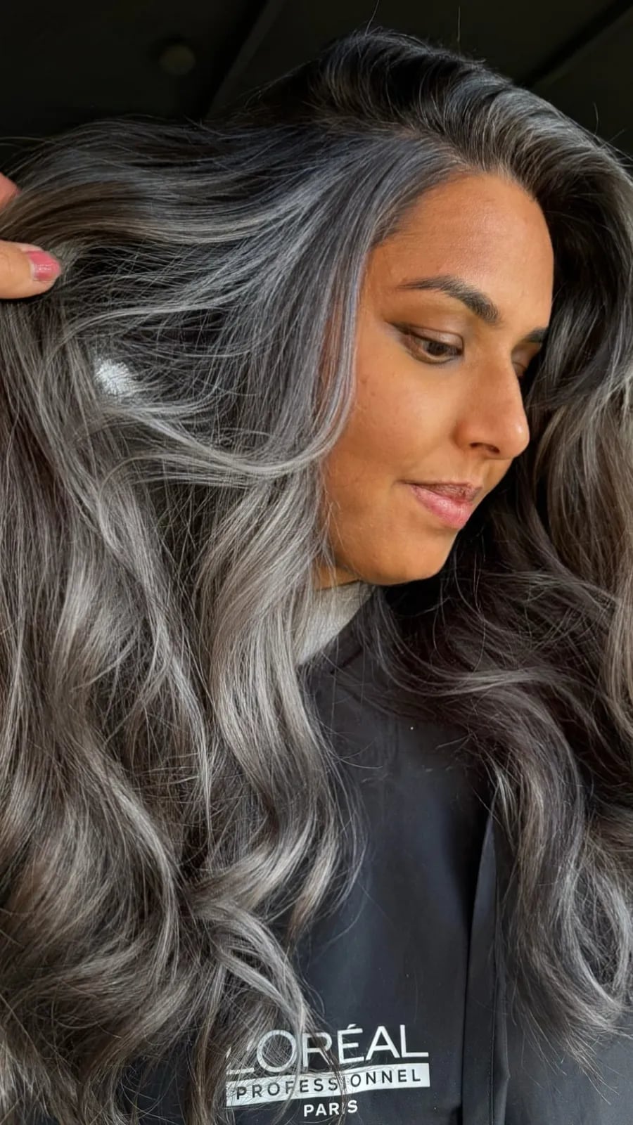 Mid-Back Layers With Curtain Bangs Gray Highlights — Simple Gray Highlights