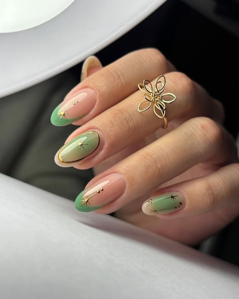 Light Green French Tips With Gold Starbursts Medium Oval Light Green French Tips With Gold Starbursts Medium Oval — Simple Green French Tip Nails