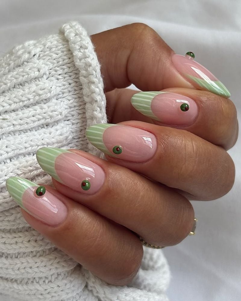 Light Green French Tips With Green Dots Medium Oval Light Green French Tips With Green Dots Medium Oval — Simple Green French Tip Nails