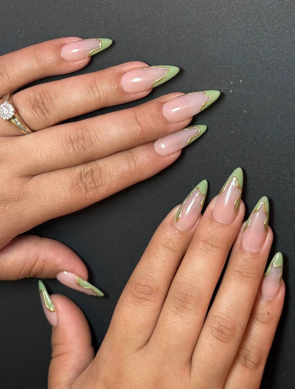 Green French Tips With Gold Outline Medium Almond Green French Tips With Gold Outline Medium Almond — Simple Green French Tip Nails