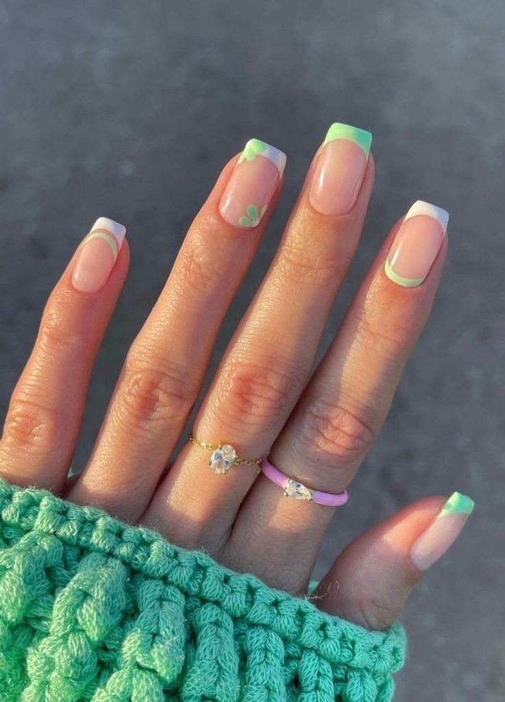 Dual Tone Green And White French Tips Medium Almond Dual Tone Green And White French Tips Medium Almond — Simple Green French Tip Nails