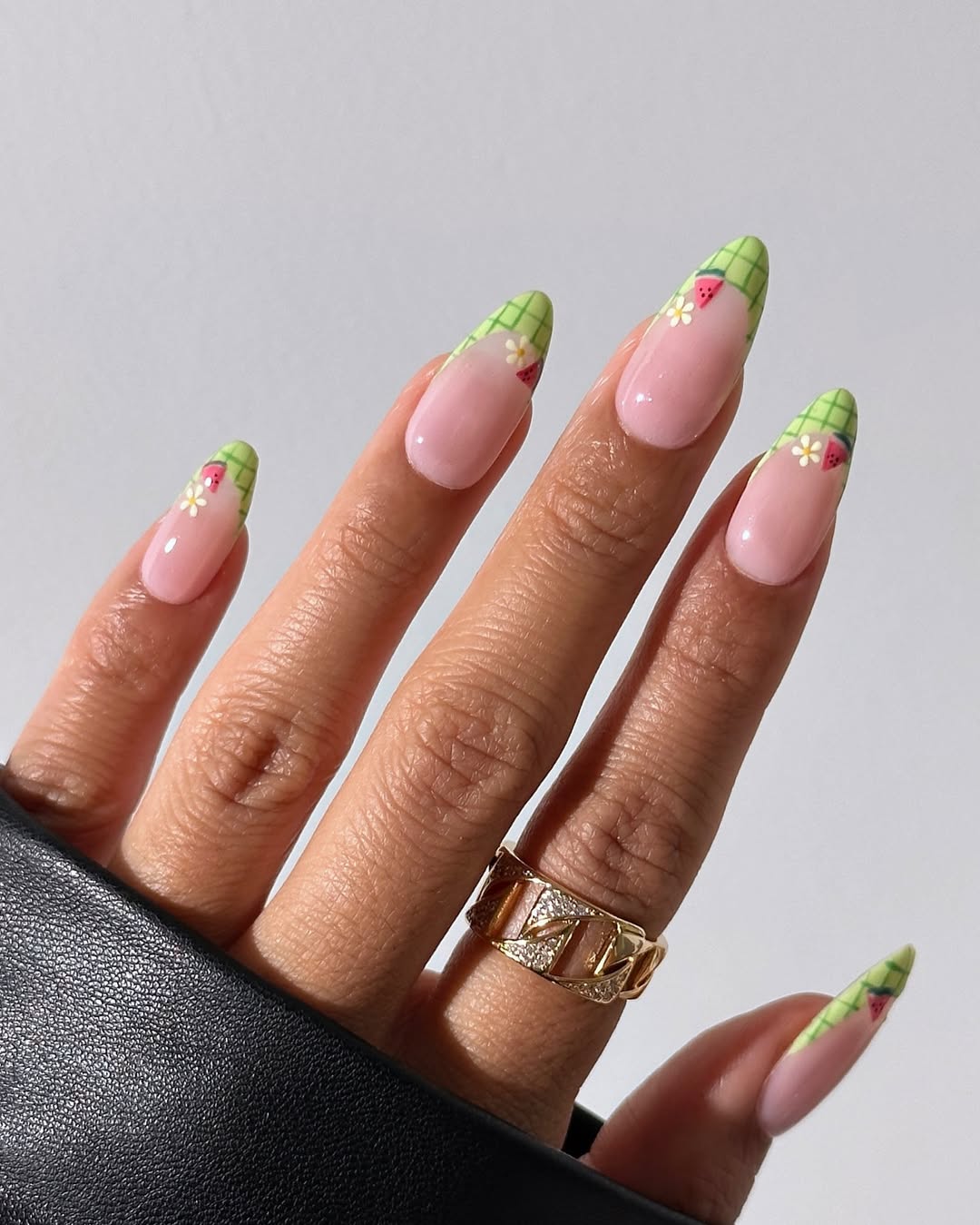 Green French Tips With White Checkered Pattern Medium Almond Green French Tips With White Checkered Pattern Medium Almond — Simple Green French Tip Nails