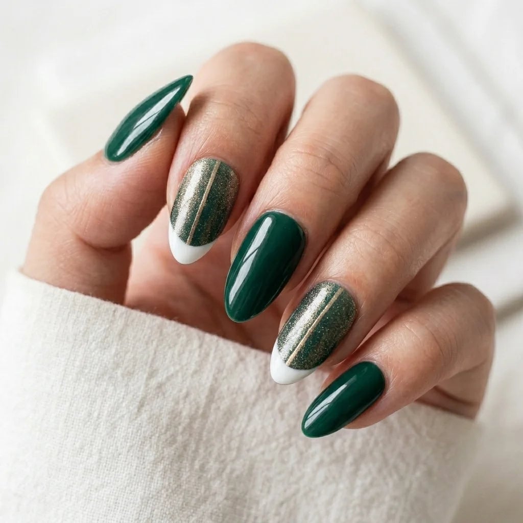 Emerald Green With White French Tips Metallic Gold Stripes Emerald Green With White French Tips Metallic Gold Stripes — Simple Green French Tip Nails