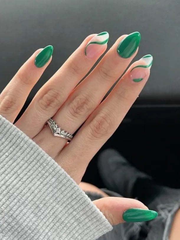 Swirled Emerald Green French Tip Medium Almond Nails Swirled Emerald Green French Tip Medium Almond Nails — Simple Green French Tip Nails
