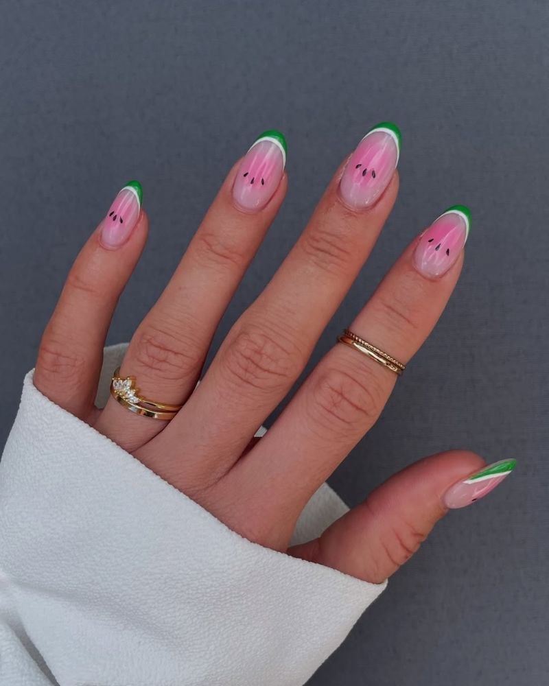 Green French Tips With Watermelon Slice Art Medium Almond Green French Tips With Watermelon Slice Art Medium Almond — Simple Green French Tip Nails