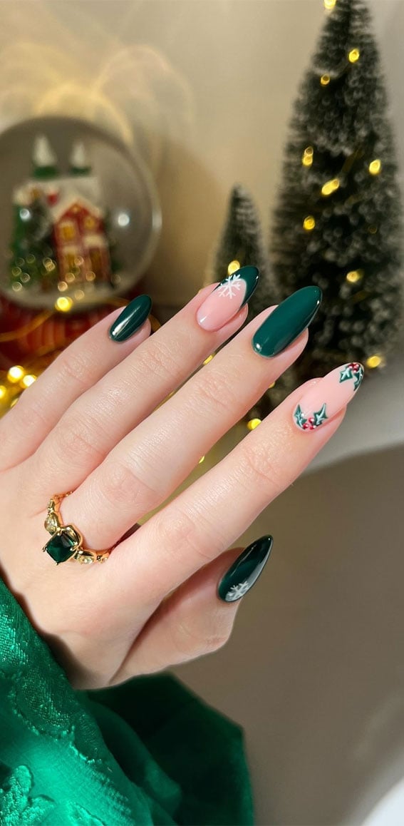 Festive Green French Tips With Snowflakes Medium Almond Festive Green French Tips With Snowflakes Medium Almond — Simple Green French Tip Nails
