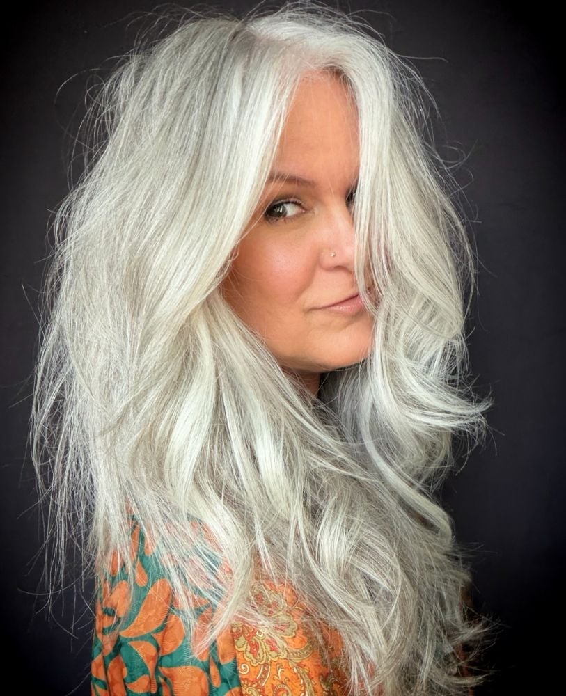 Mid-Back Long Voluminous Grey Hair With Curtain Bangs — Simple Grey Highlights