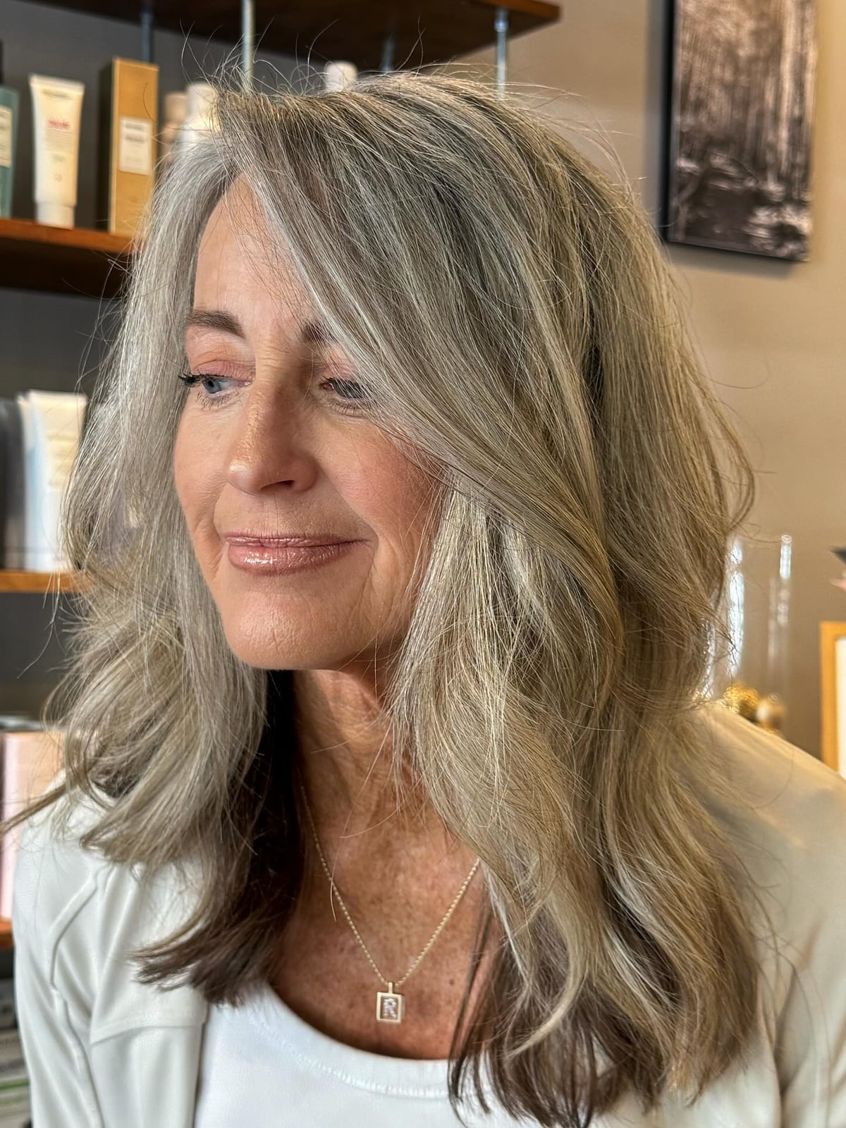 Shoulder Length Layers With Grey Highlights — Simple Grey Highlights