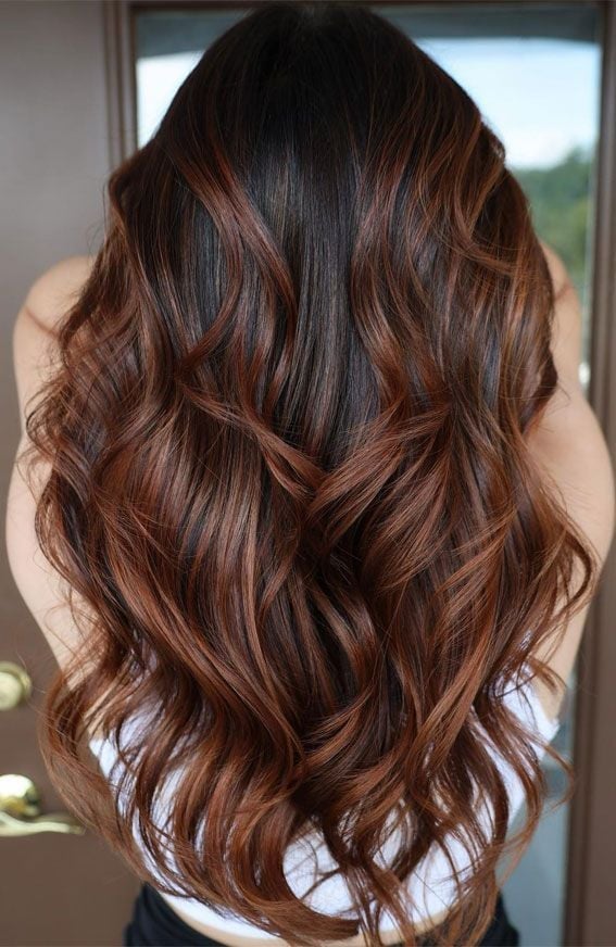 Mid-Back Dark Brown With Copper Highlights — Simple Hair Color for Pale Skin