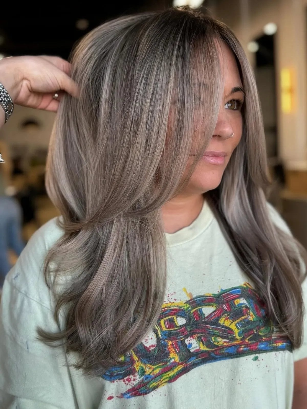 Collarbone Muted Ash Brown With Greyish Highlights — Simple Hair Color for Pale Skin