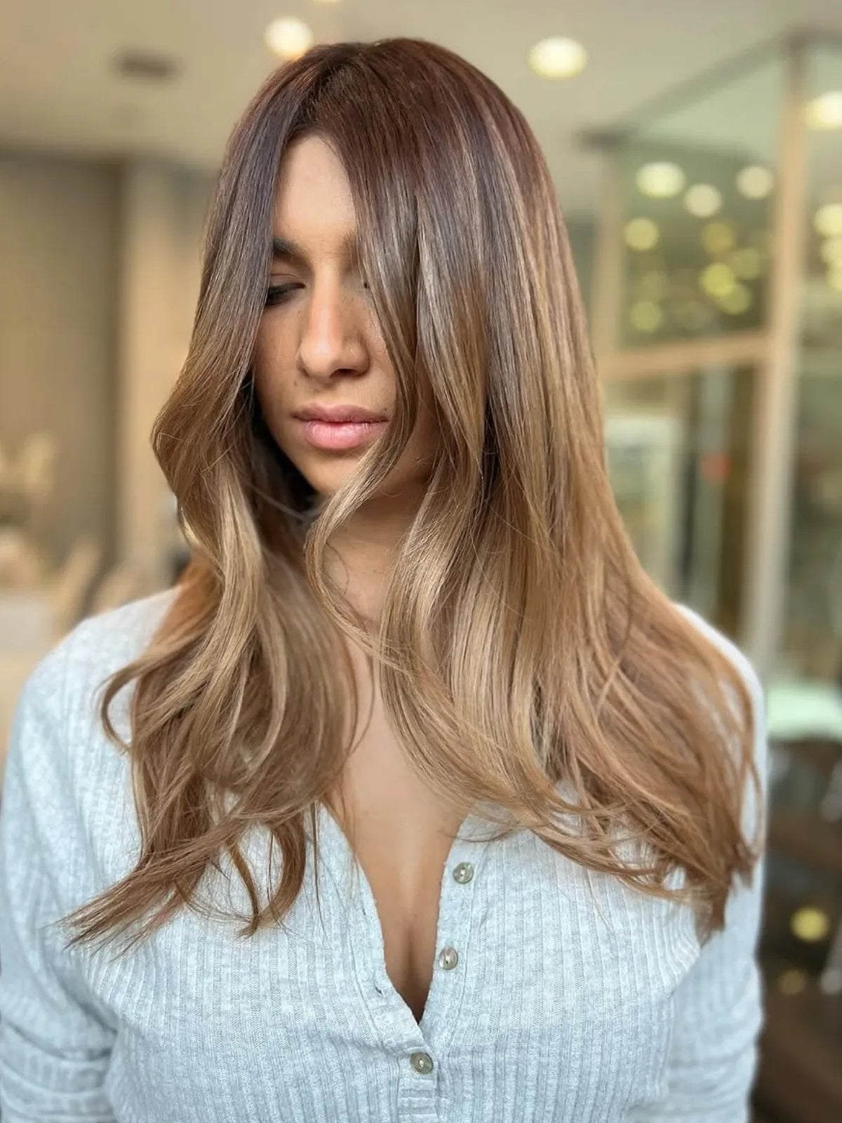 Mid-Back Brown With Caramel Ash Highlights and Loose Waves — Simple Hair Color for Pale Skin
