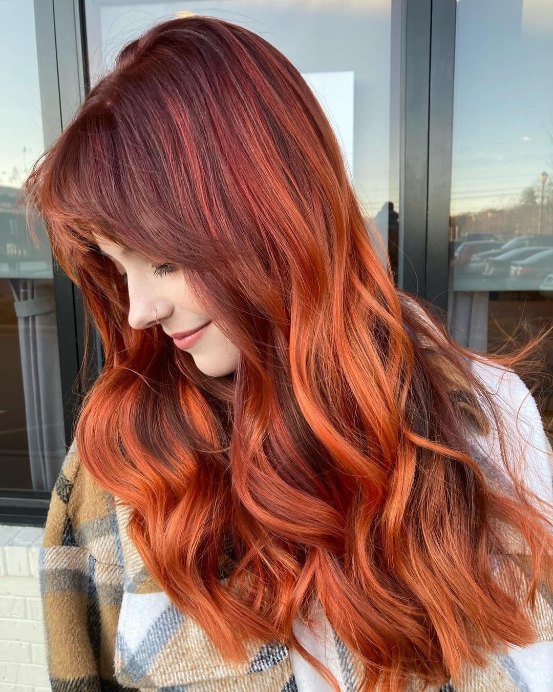 Mid-Back Deep Red With Orange Highlights — Simple Hair Color Ideas
