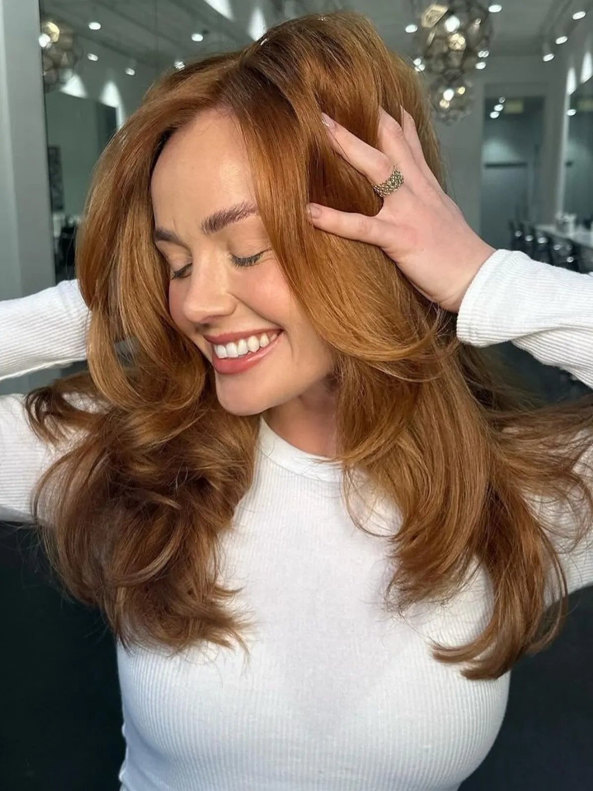 Long Copper Blonde With Curtain Bangs — Simple Hair Color Ideas