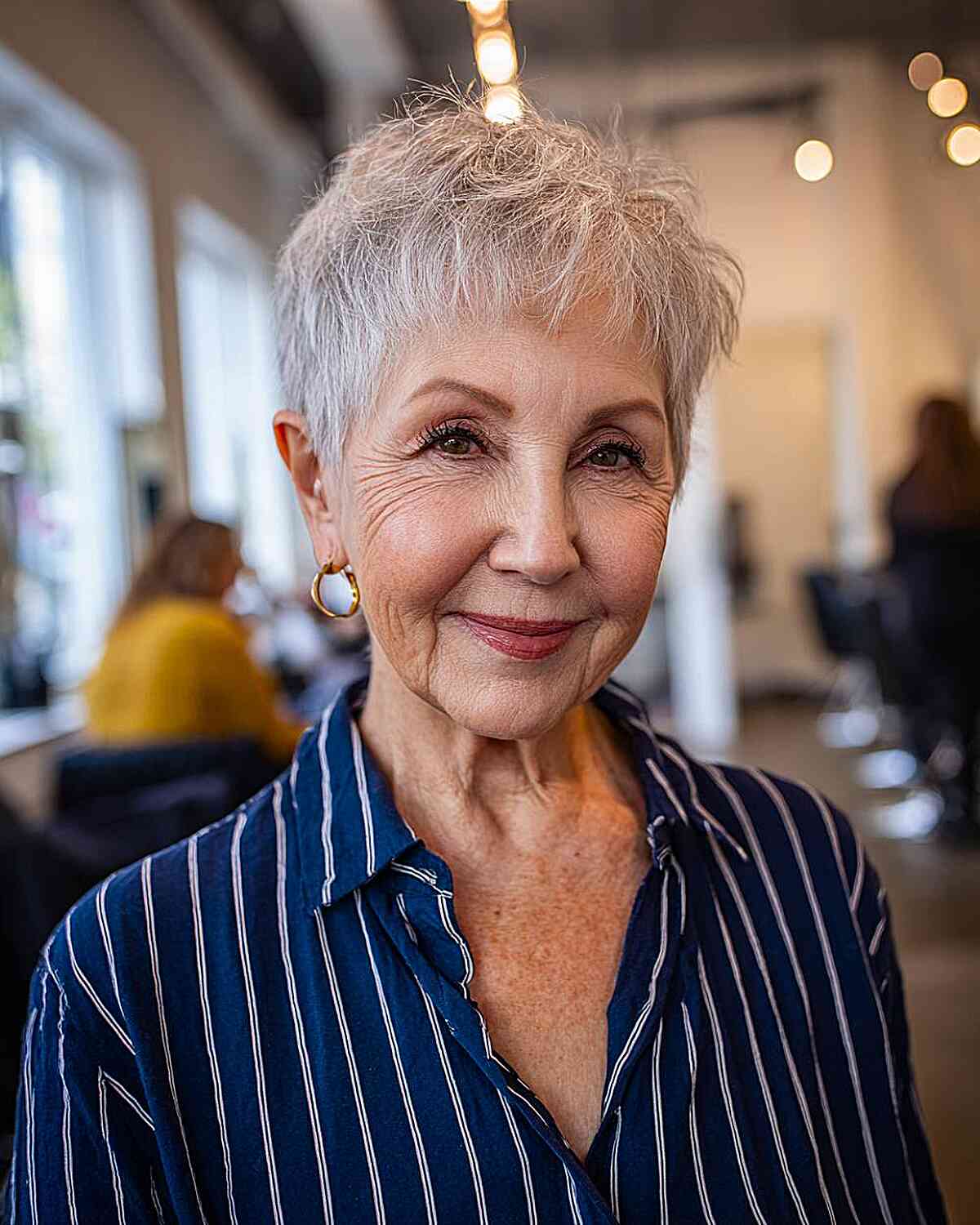 Voluminous Grey Pixie With Textured Bangs Voluminous Grey Pixie With Textured Bangs — Simple Haircuts for Fine Hair