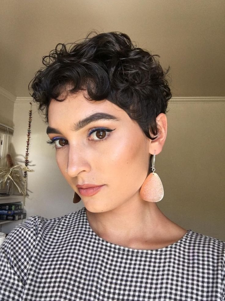 Textured Dark Brown Curly Pixie, Ear Textured Dark Brown Curly Pixie, Ear — Simple Haircuts for Fine Hair