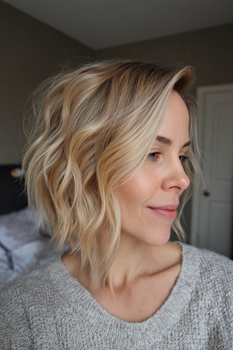 Wavy Blonde Bob With Side-Swept Bangs Wavy Blonde Bob With Side-Swept Bangs — Simple Haircuts for Fine Hair