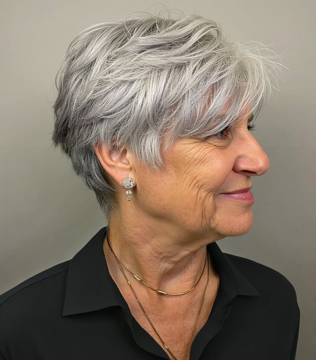 Textured Silver Grey Pixie With Wispy Bangs — Simple Haircuts for Older Women