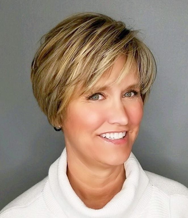 Layered Blonde Pixie Bob With Side Swept Bangs, Straight — Simple Haircuts for Older Women