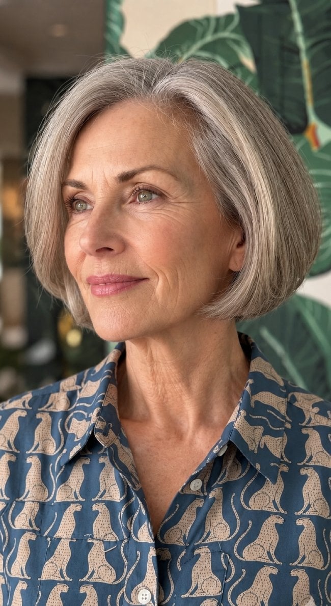Sharp Chin Length Bob In Natural Grey — Simple Haircuts for Older Women