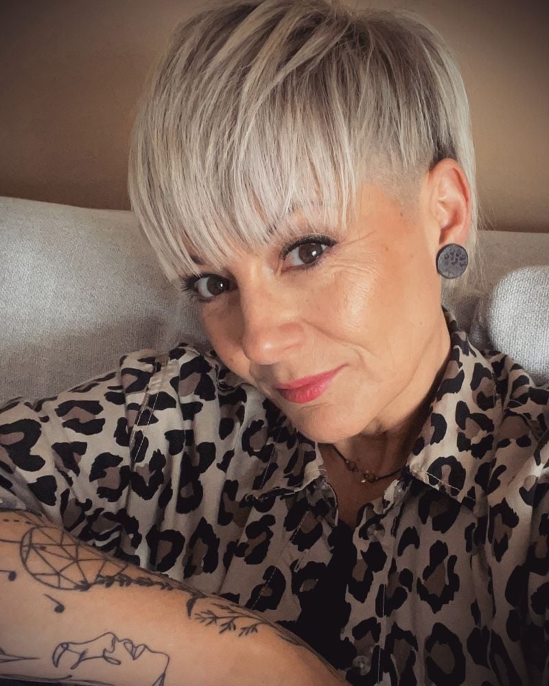 Ash Blonde Pixie With Blunt Textured Bangs, Close-Up Take — Simple Haircuts for Older Women